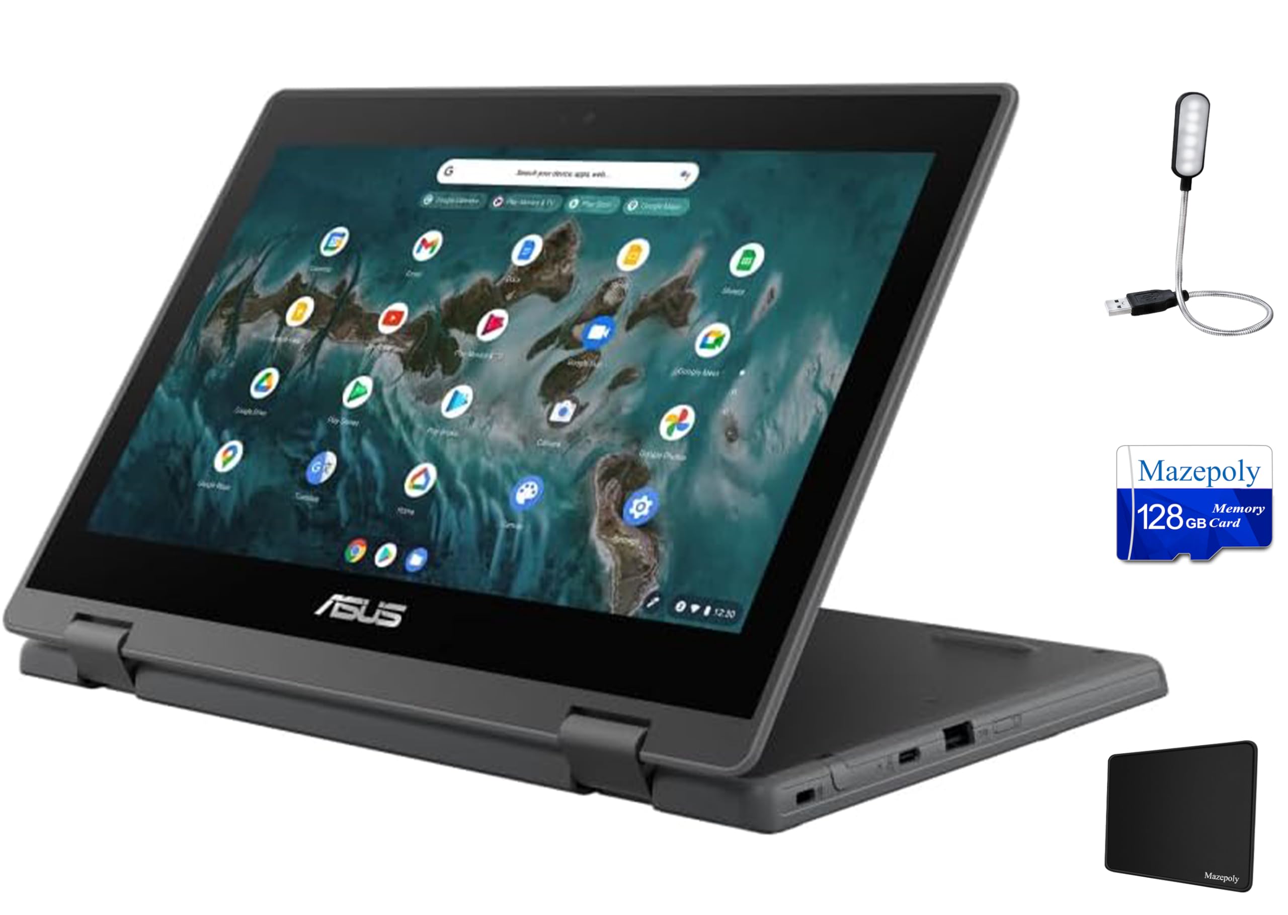 ASUS Flip CR1 11.6" HD Touchscreen Rugged Convertible 2 in 1 Chromebook, Intel Celeron N5100 Quad-Core, 1.10 GHz, 8 GB RAM, 32 GB eMMC + 128GB Memory Card, Dark Gray, Chrome OS + Accessories