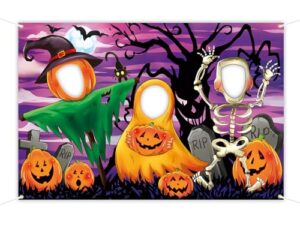 horror night face in hole backdrop 5 x 3.3 ft, pumpkin head scarecrow ghosts skeletons face cutout photo props, halloween spooky night full moon bats monster tree photography background