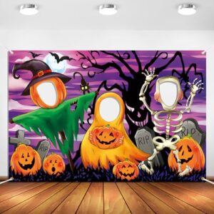 Horror Night Face in Hole Backdrop 5 x 3.3 ft, Pumpkin Head Scarecrow Ghosts Skeletons Face Cutout Photo Props, Halloween Spooky Night Full Moon Bats Monster Tree Photography Background