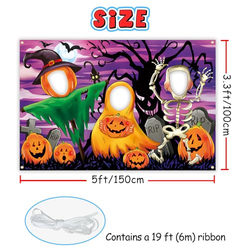 Horror Night Face in Hole Backdrop 5 x 3.3 ft, Pumpkin Head Scarecrow Ghosts Skeletons Face Cutout Photo Props, Halloween Spooky Night Full Moon Bats Monster Tree Photography Background