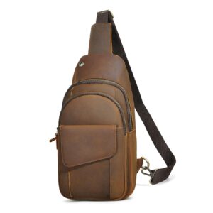 handadsume thick crazy horse leather triangle crossbody sling chest bag travel one shoulder bag daypack for men male 3028 (100% genuine leather-8013 brown)