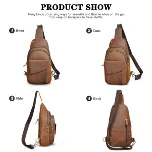 Handadsume Thick Crazy horse Leather Triangle Crossbody Sling Chest Bag Travel One Shoulder Bag Daypack For Men Male 3028 (100% Genuine Leather-8013 Brown)