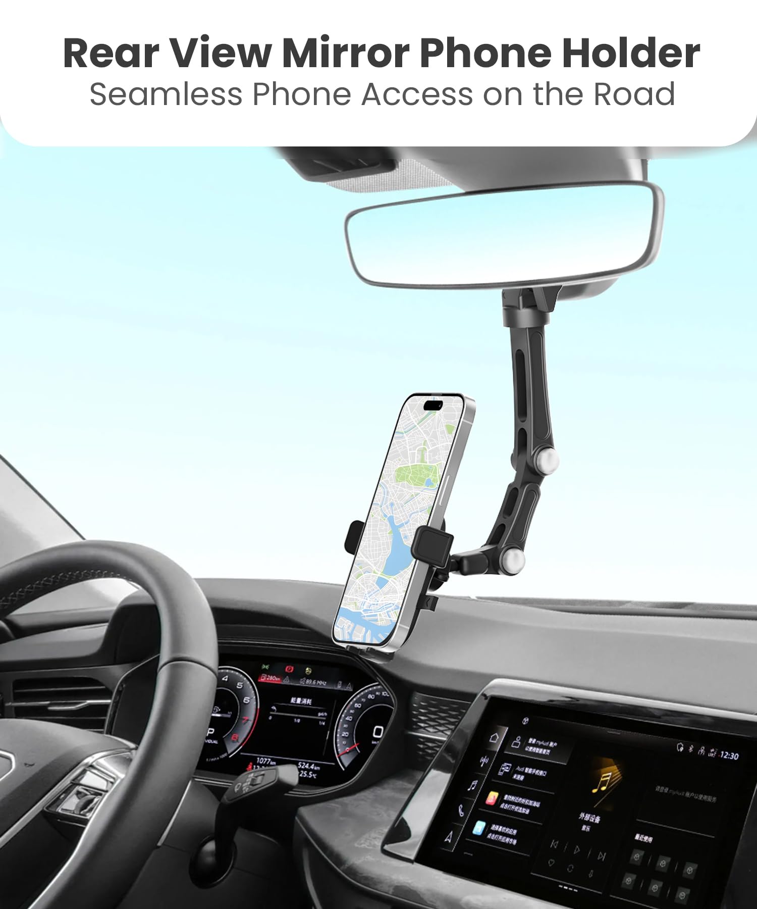 Karmus Rearview Mirror Phone Holder for Car, Rear View Mirror Phone Holder, Rotatable and Retractable Car Phone Holder Mount, Car Truck Essentials Accessories Compatible with All Cell Phones