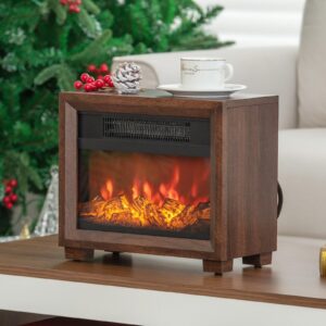 oralner mini electric fireplace heater for indoor use, 13 inch portable fireplace heater with realistic flame effect, overheat protection, compact space heater for bedroom, 750w, brown