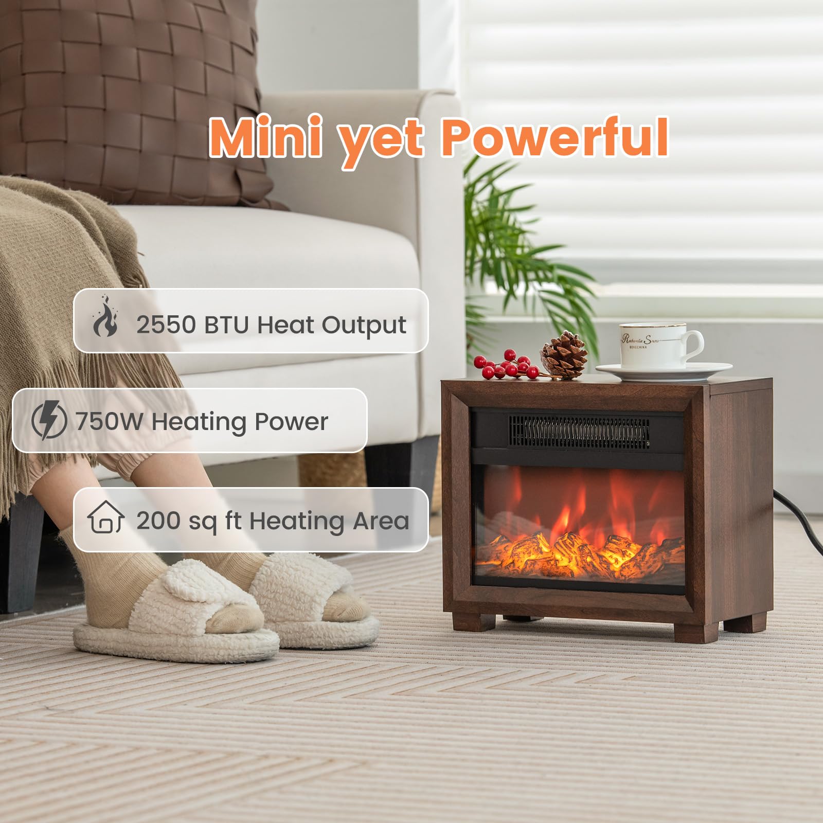 ORALNER Mini Electric Fireplace Heater for Indoor Use, 13 Inch Portable Fireplace Heater with Realistic Flame Effect, Overheat Protection, Compact Space Heater for Bedroom, 750W, Brown