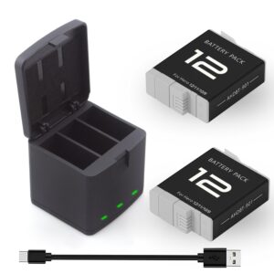 2 pack battery fit for gopro hero 12 black, 3-channel batteries charger station for hero 12