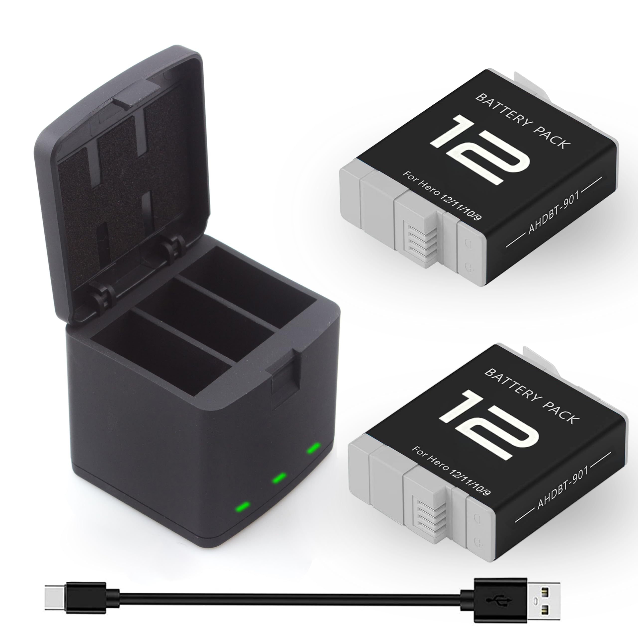 2 Pack Battery fit for GoPro HERO 12 Black, 3-Channel Batteries Charger Station for Hero 12