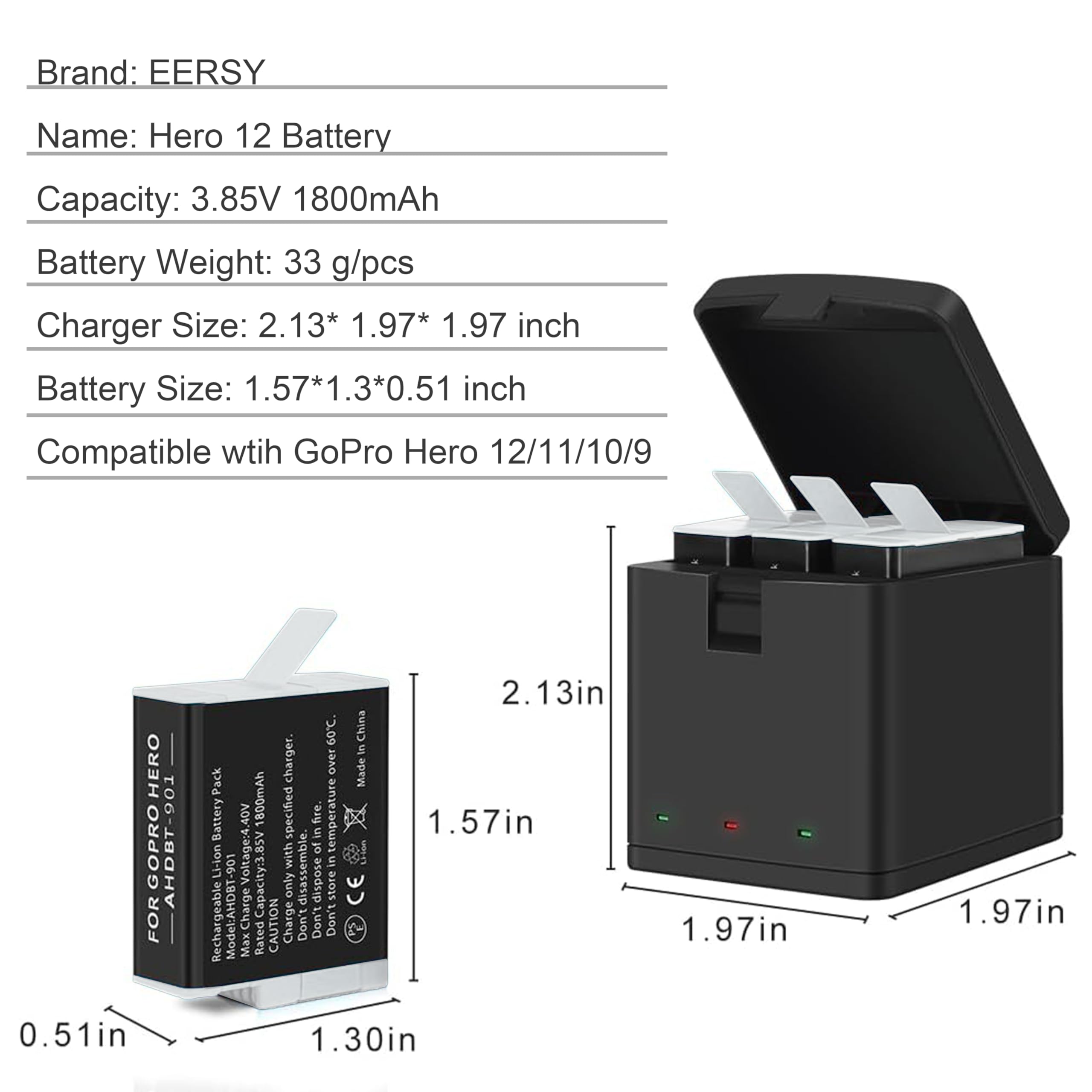 2 Pack Battery fit for GoPro HERO 12 Black, 3-Channel Batteries Charger Station for Hero 12