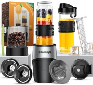 cool knight personal blender, 500 watts smoothie blender for shakes and smoothies, 10 pcs kitchen mixer set with 20oz sports mug, grinder cup, 2 to-go lid, freezer rod and lemon squeezer.