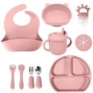 silicone baby feeding set | baby led weaning supplies | toddler self feeding dish set with suction bowl, divided plate,sippy cup spoons forks teether and adjustable bib, eating utensils for 6+months