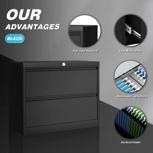 Greenvelly 2 Drawer Filing Cabinet, Black Lateral File Cabinet with Lock, Lockable Metal File Cabinet for Home Office