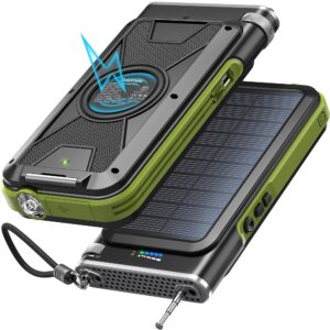 fokimdo solar charger power bank 36800mah, wireless charging, built-in 2 cables with emergency radio & flashlight, waterproof fast charge for hiking, camping, travel, and emergency preparedness