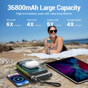 Fokimdo Solar Charger Power Bank 36800mAh, Wireless Charging, Built-in 2 Cables with Emergency Radio & Flashlight, Waterproof Fast Charge for Hiking, Camping, Travel, and Emergency Preparedness