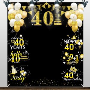 large 40th birthday decorations 40th birthday banner photography for men women, black gold funny cheers to 40 years birthday party supplies, hello forty bday photo booth for indoor outdoor(79x71inch)