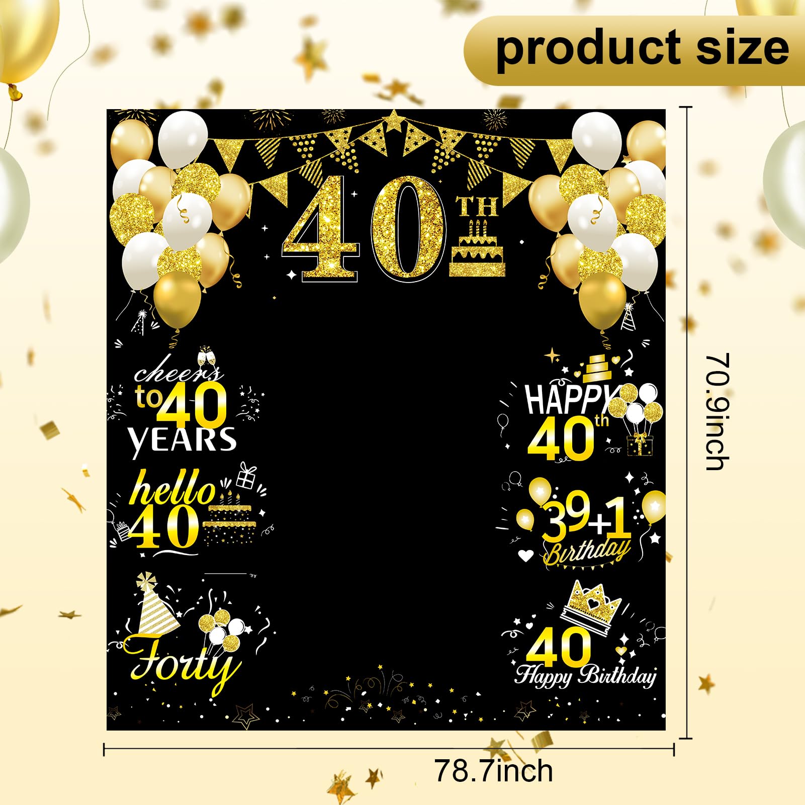 Large 40th Birthday Decorations 40th Birthday Banner Photography for Men Women, Black Gold Funny Cheers to 40 Years Birthday Party Supplies, Hello Forty Bday Photo Booth for Indoor Outdoor(79x71inch)