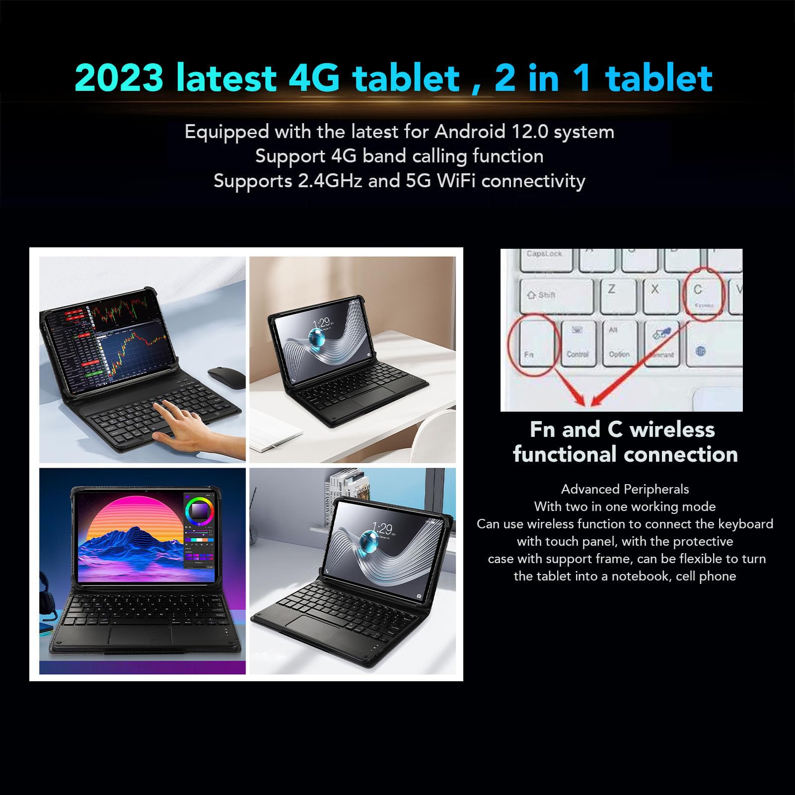 Sanpyl 10.1 Inch 2 in 1 Tablet, 8GB RAM 256GB ROM, Front 8MP Rear 16MP Tablet with Case Keyboard,12, 100-240V Black (US Plug)