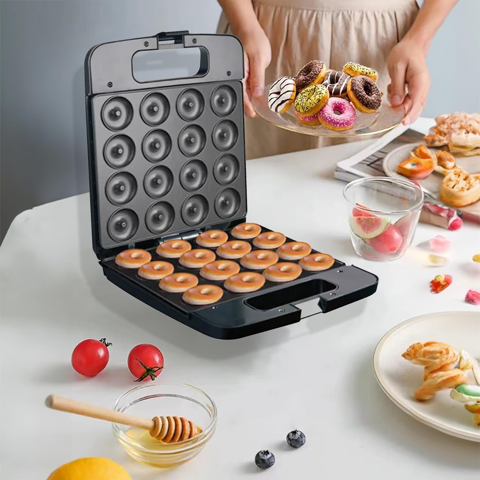 Mini Pancakes Maker, Mini Donut Maker Machine for Breakfast, Snacks, Desserts & More With Non-stick Surface, Cake Machine, Double-Sided Heating Makes 16 Doughnuts (black New)