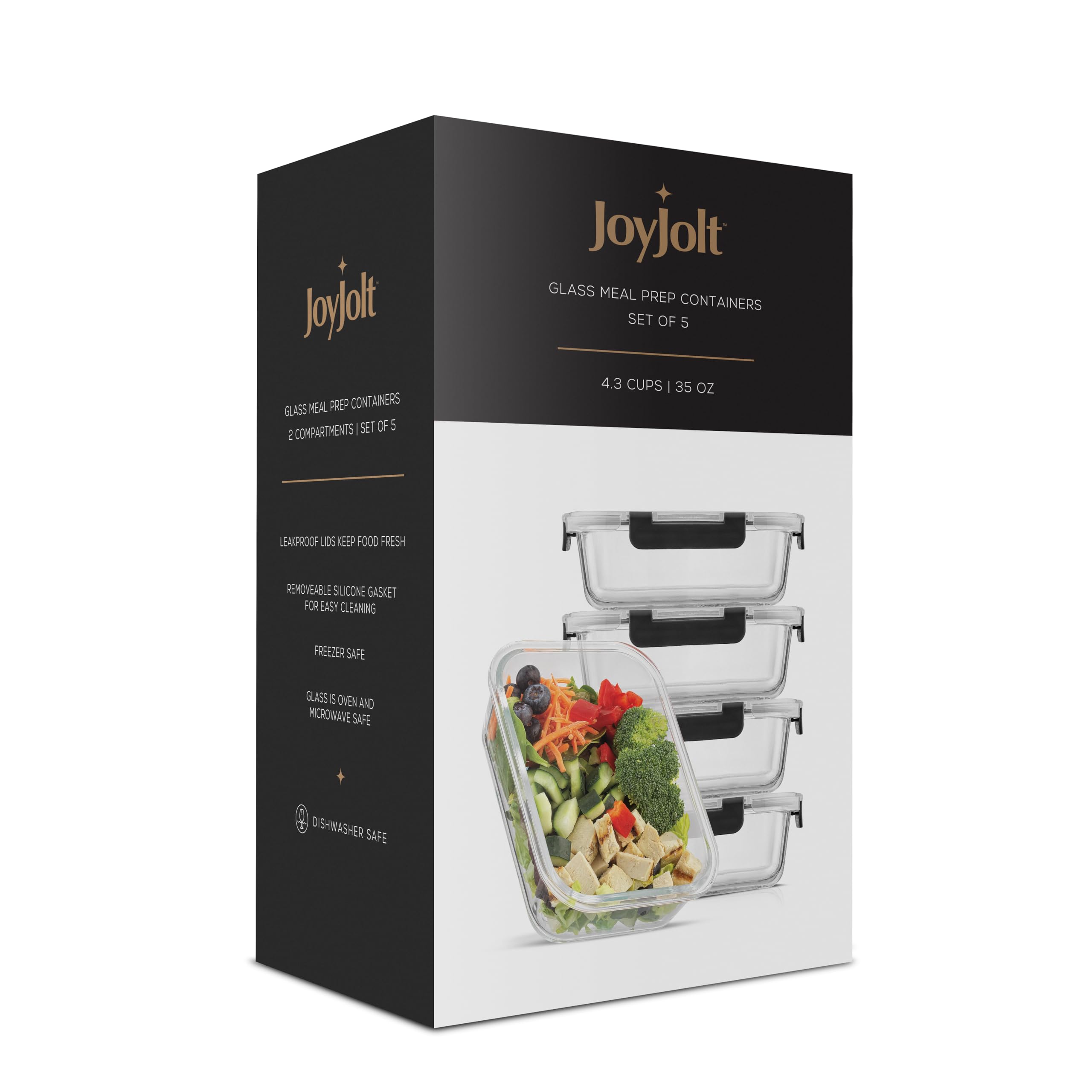 JoyJolt Glass Food Storage Containers with Lids. 5 Pack Glass Meal Prep Containers Reusable 35oz Single Compartment Airtight Container Set. Lunch Containers for Adults and Kitchen Storage Containers