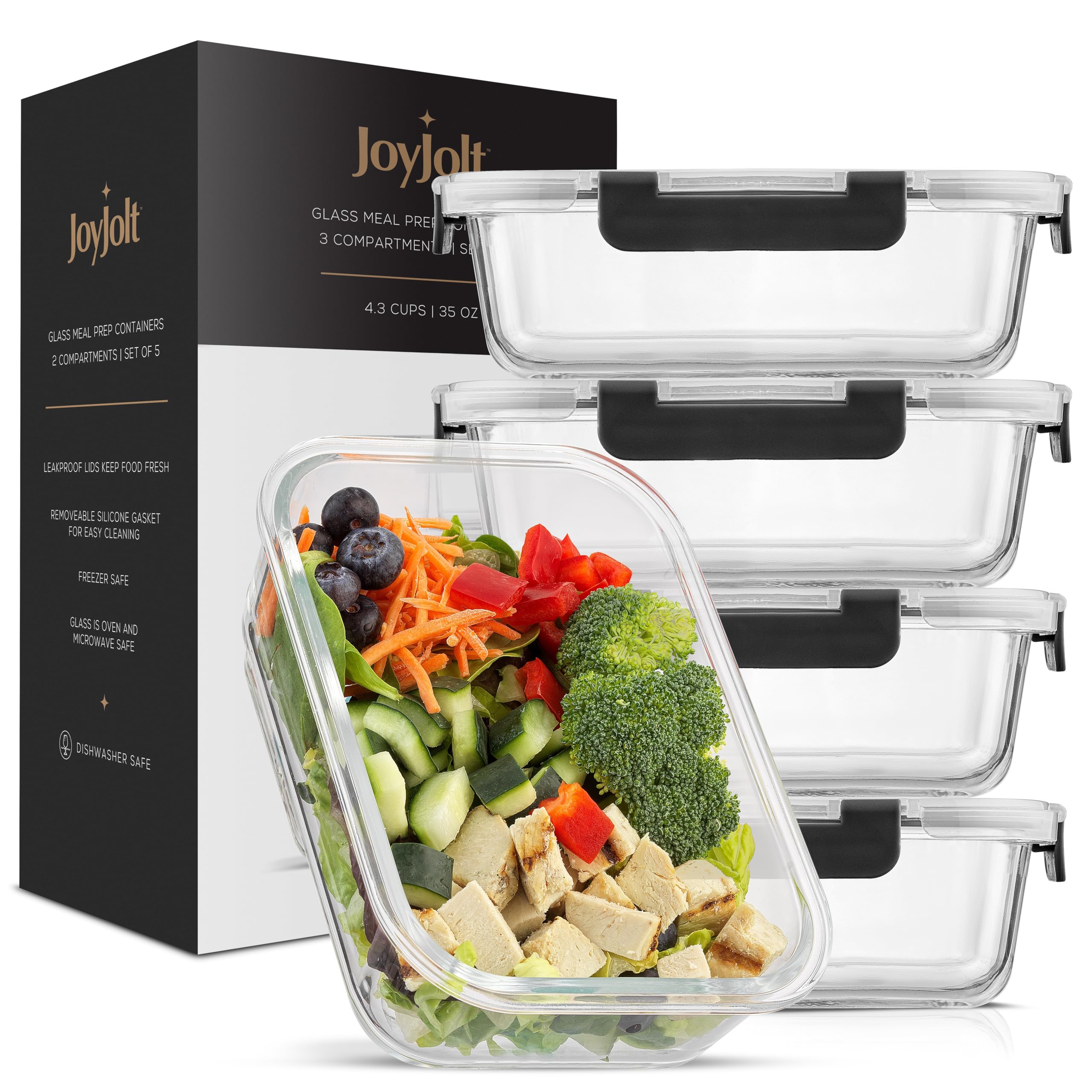 JoyJolt Glass Food Storage Containers with Lids. 5 Pack Glass Meal Prep Containers Reusable 35oz Single Compartment Airtight Container Set. Lunch Containers for Adults and Kitchen Storage Containers