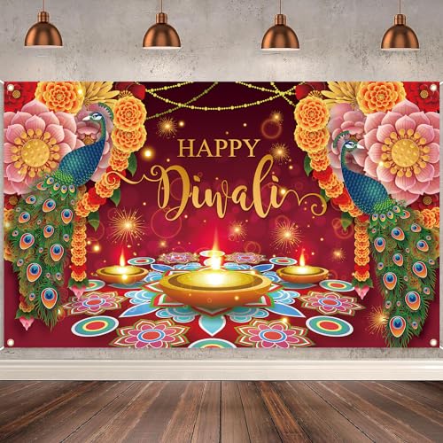 Happy Diwali Backdrop Banner, Indian Diwali Decorations for Home, Diwali Party Supplies Photography Background, Diwali Peacock Banner Wall Hanging for Diwali Party Decorations