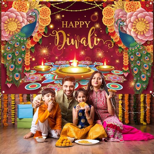 Happy Diwali Backdrop Banner, Indian Diwali Decorations for Home, Diwali Party Supplies Photography Background, Diwali Peacock Banner Wall Hanging for Diwali Party Decorations