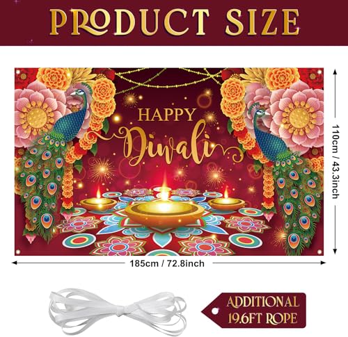 Happy Diwali Backdrop Banner, Indian Diwali Decorations for Home, Diwali Party Supplies Photography Background, Diwali Peacock Banner Wall Hanging for Diwali Party Decorations