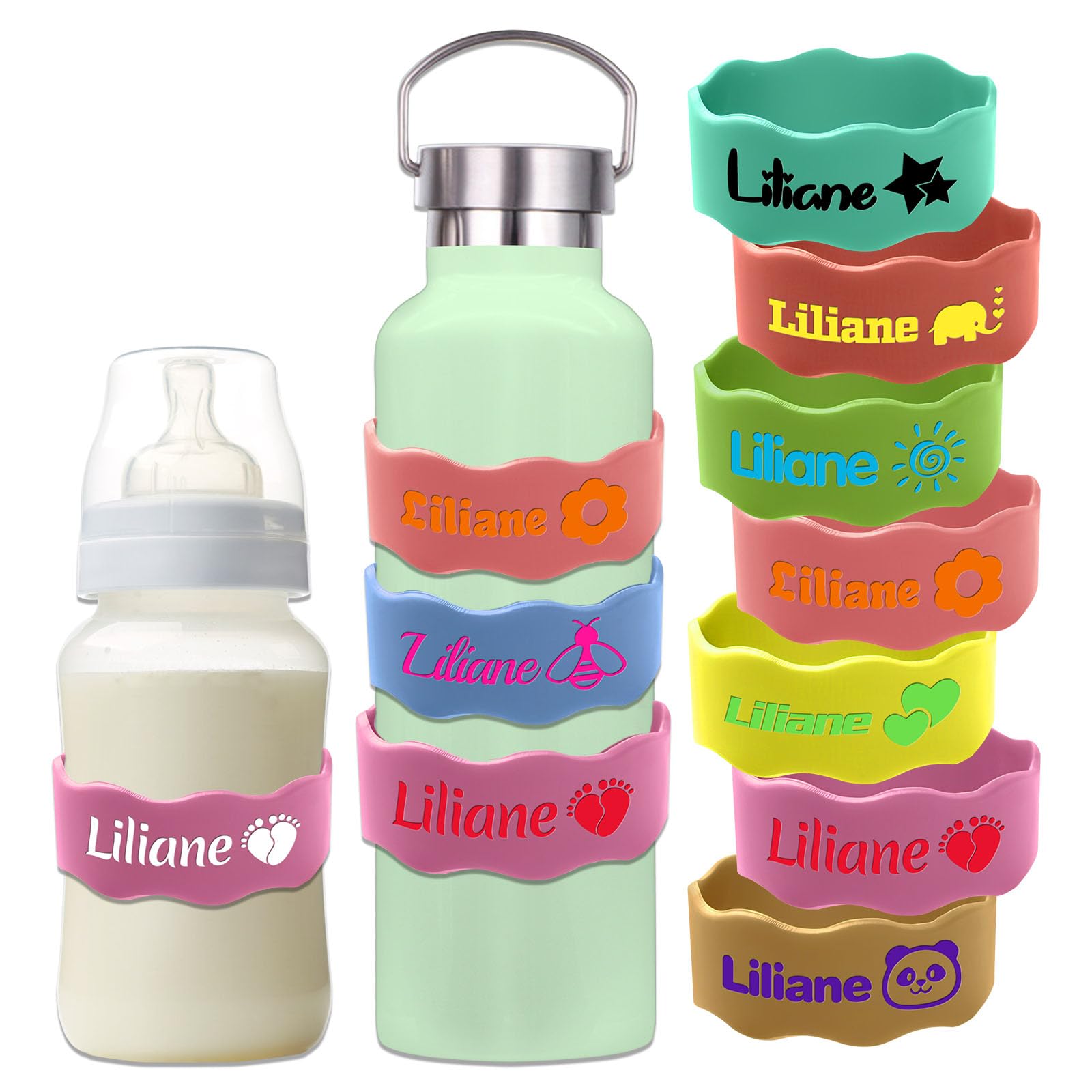 Custom Baby Bottle Labels for Daycare Silicone Water Bottle Name Bands Personalized Reusable Baby Bottle Straps for Kids Cups School(Pink)