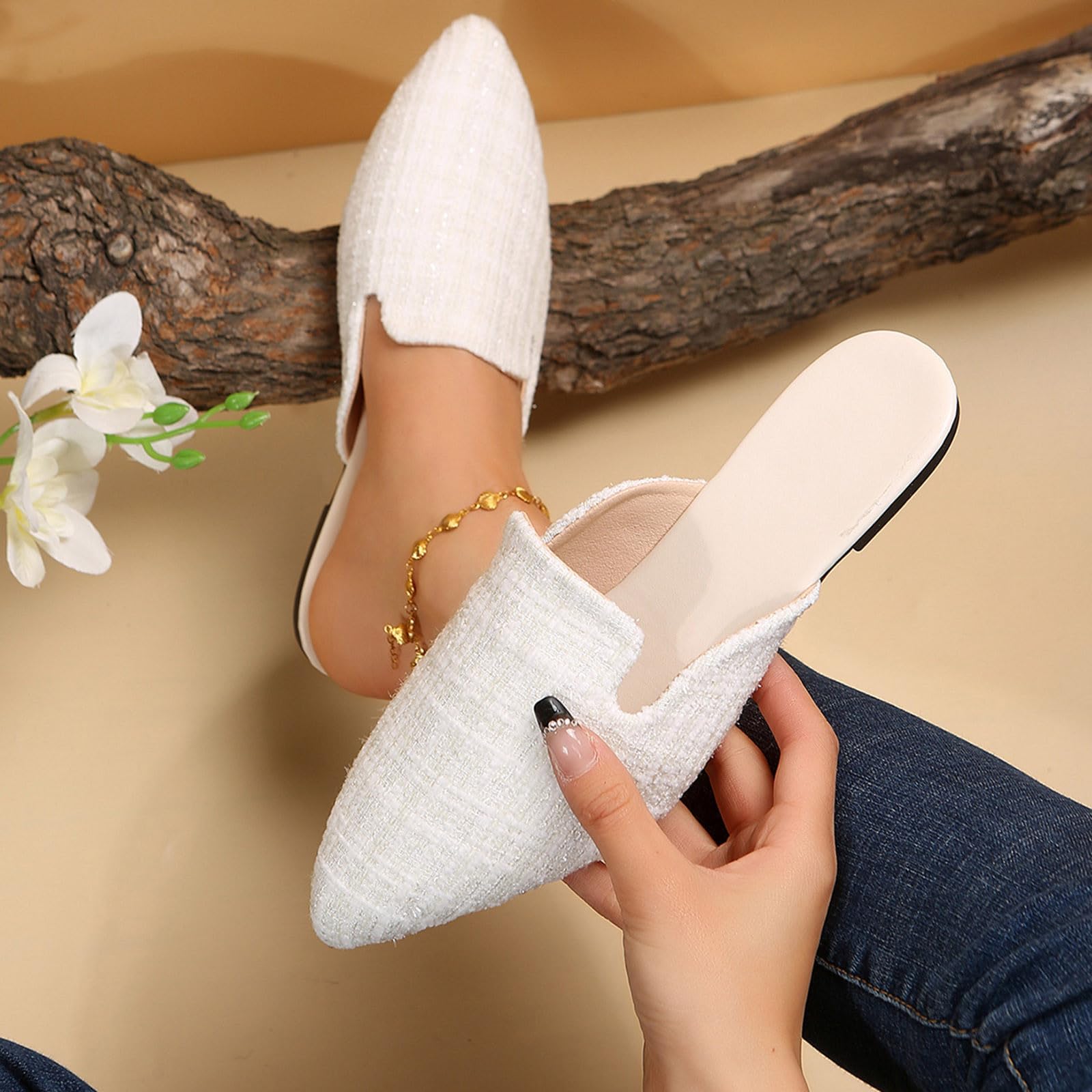 Women's Fashion Casual Slip On Loafers Ladies Fashion Solid Color Cloth Top Pointed Flat Bottom Casual Half Slipper Single Shoes Workout Sneakers Gym Outdoor Shoes (White, 7)