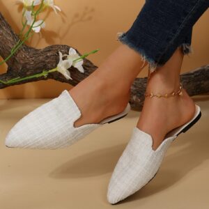 Women's Fashion Casual Slip On Loafers Ladies Fashion Solid Color Cloth Top Pointed Flat Bottom Casual Half Slipper Single Shoes Workout Sneakers Gym Outdoor Shoes (White, 7)