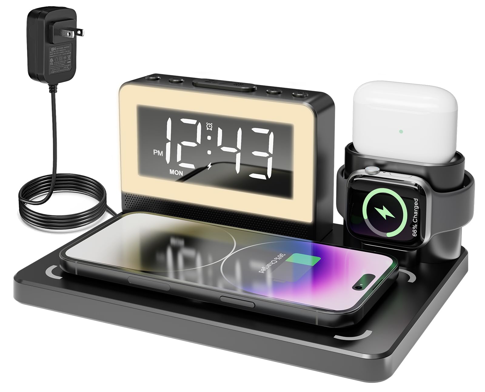 Alarm Clock with Wireless Charging,7 Color Night Light,5 in 1 Wireless Charger for Apple,Fast Wireless Charging Station for iPhone15/14/13/12/11/Pro Series,for Apple Watch,for Airpods (Black)