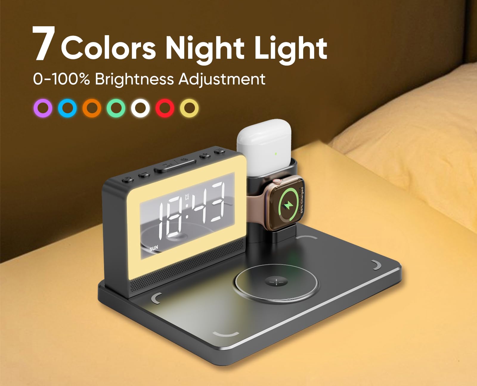 Alarm Clock with Wireless Charging,7 Color Night Light,5 in 1 Wireless Charger for Apple,Fast Wireless Charging Station for iPhone15/14/13/12/11/Pro Series,for Apple Watch,for Airpods (Black)