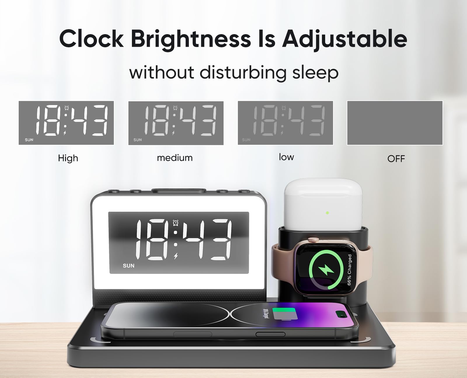 Alarm Clock with Wireless Charging,7 Color Night Light,5 in 1 Wireless Charger for Apple,Fast Wireless Charging Station for iPhone15/14/13/12/11/Pro Series,for Apple Watch,for Airpods (Black)