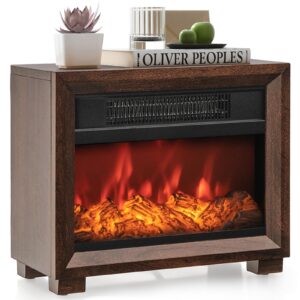 tangkula electric fireplace heater, 750w mini wooden tabletop fireplace with realistic flame, safety protection, 2550 btu portable desktop fireplace for apartment, christmas decoration (brown)