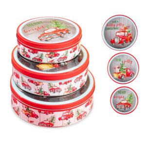 plum designs 3 christmas cookie tins- round christmas cookie tins with lids for gift giving, christmas tins holiday cookie boxes, christmas tins for cookies and gifts (3ct round christmas tins)