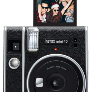 Fujifilm Instax Mini 40 Instant Camera Black Vintage Look Bundle with Fuji Instax Mini Film 20 Sheets + 4 Rechargeable Batteries and More Perfect Camera for Kids, Wedding, Birthday Or Any Occasion