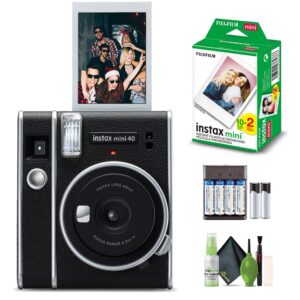 fujifilm instax mini 40 instant camera vintage black style bundle with fuji instax mini film 20 exposures + 4 rechargeable batteries, perfect camera for kids, birthday, wedding, or any occasion