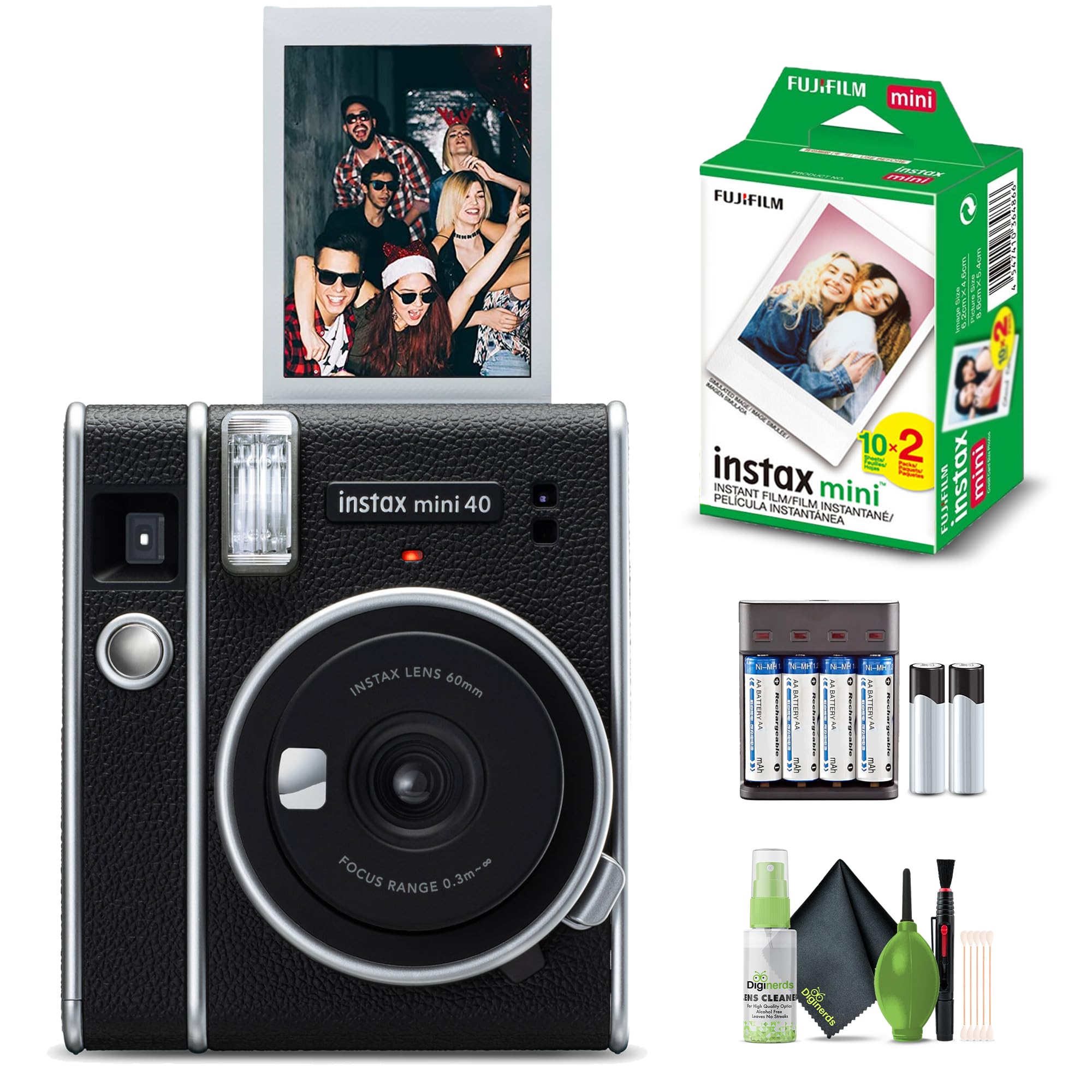 Fujifilm Instax Mini 40 Instant Camera Vintage Black Style Bundle with Fuji Instax Mini Film 20 Exposures + 4 Rechargeable Batteries, Perfect Camera for Kids, Birthday, Wedding, Or Any Occasion