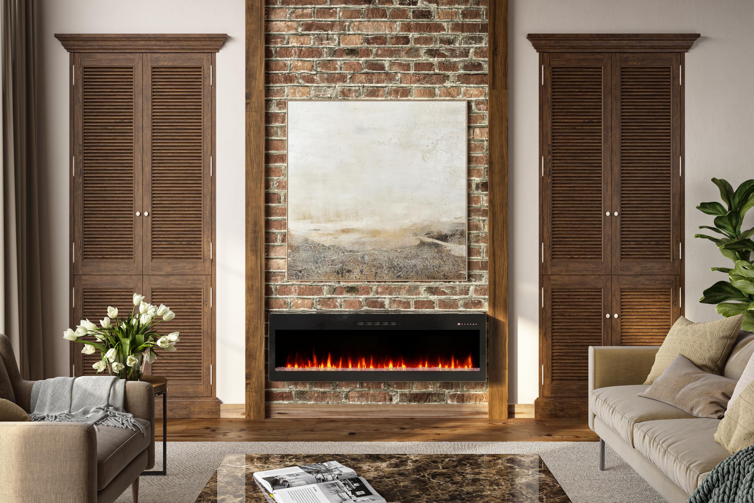 Bridgevine Home 60 inch Recessed and Wall Mounted Electric Fireplace - Modern Touch Screen Fireplace Insert with Adjustable Flame Color and Speed. Includes a Remote Control with Timer.