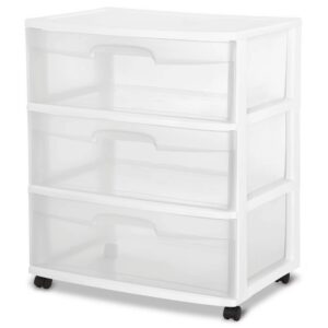 jjoias plastic storage drawer cart, medium home organization storage container with 3 large clear drawers with wheels, white