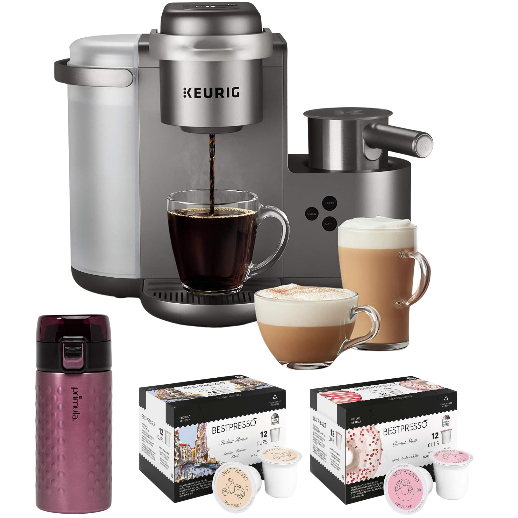 Keurig K-Cafe Special Edition Coffee Maker with Latte and Cappuccino Functionality (Nickel) Bundle with Donut Shop and Italian Medium Roast Coffee Pods and Stainless Steel Tumbler (4 Items)