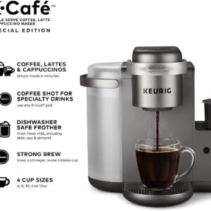 Keurig K-Cafe Special Edition Coffee Maker with Latte and Cappuccino Functionality (Nickel) Bundle with Donut Shop and Italian Medium Roast Coffee Pods and Stainless Steel Tumbler (4 Items)