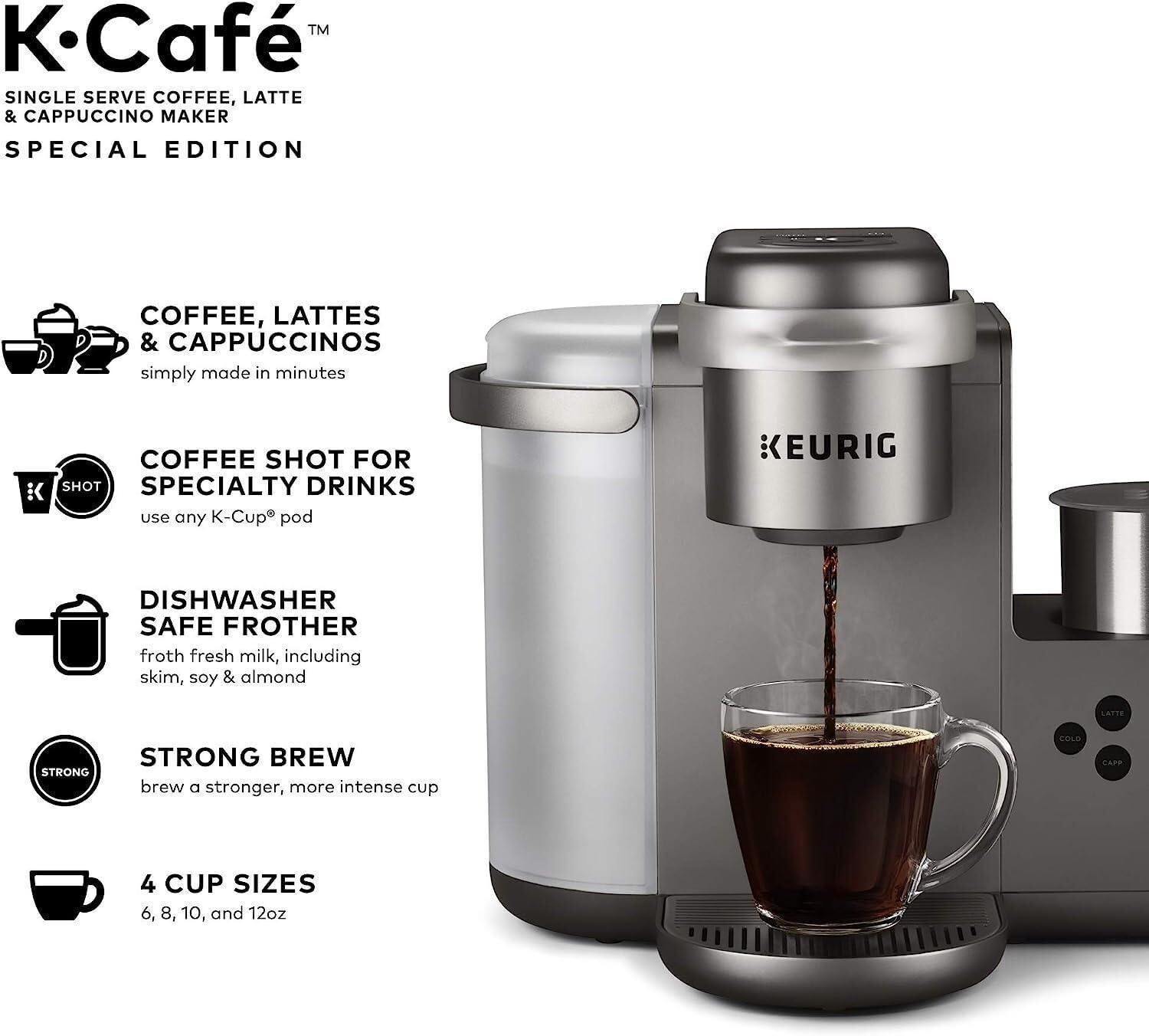 Keurig K-Cafe Special Edition Coffee Maker with Latte and Cappuccino Functionality (Nickel) Bundle with Donut Shop and Italian Medium Roast Coffee Pods and Stainless Steel Tumbler (4 Items)