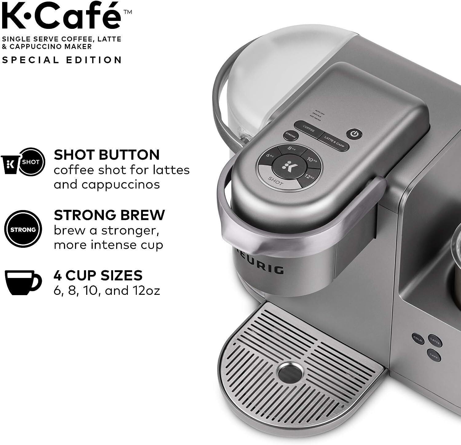 Keurig K-Cafe Special Edition Coffee Maker with Latte and Cappuccino Functionality (Nickel) Bundle with Donut Shop and Italian Medium Roast Coffee Pods and Stainless Steel Tumbler (4 Items)