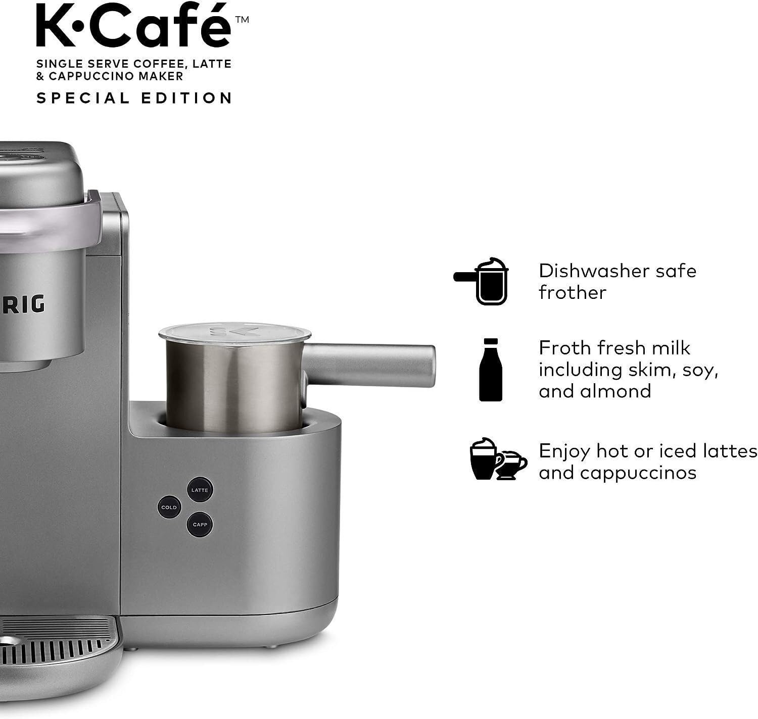 Keurig K-Cafe Special Edition Coffee Maker with Latte and Cappuccino Functionality (Nickel) Bundle with Donut Shop and Italian Medium Roast Coffee Pods and Stainless Steel Tumbler (4 Items)