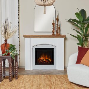 49" Electric Fireplace in White Stucco Beach Country MDF Solid Wood Adjustable Thermostat