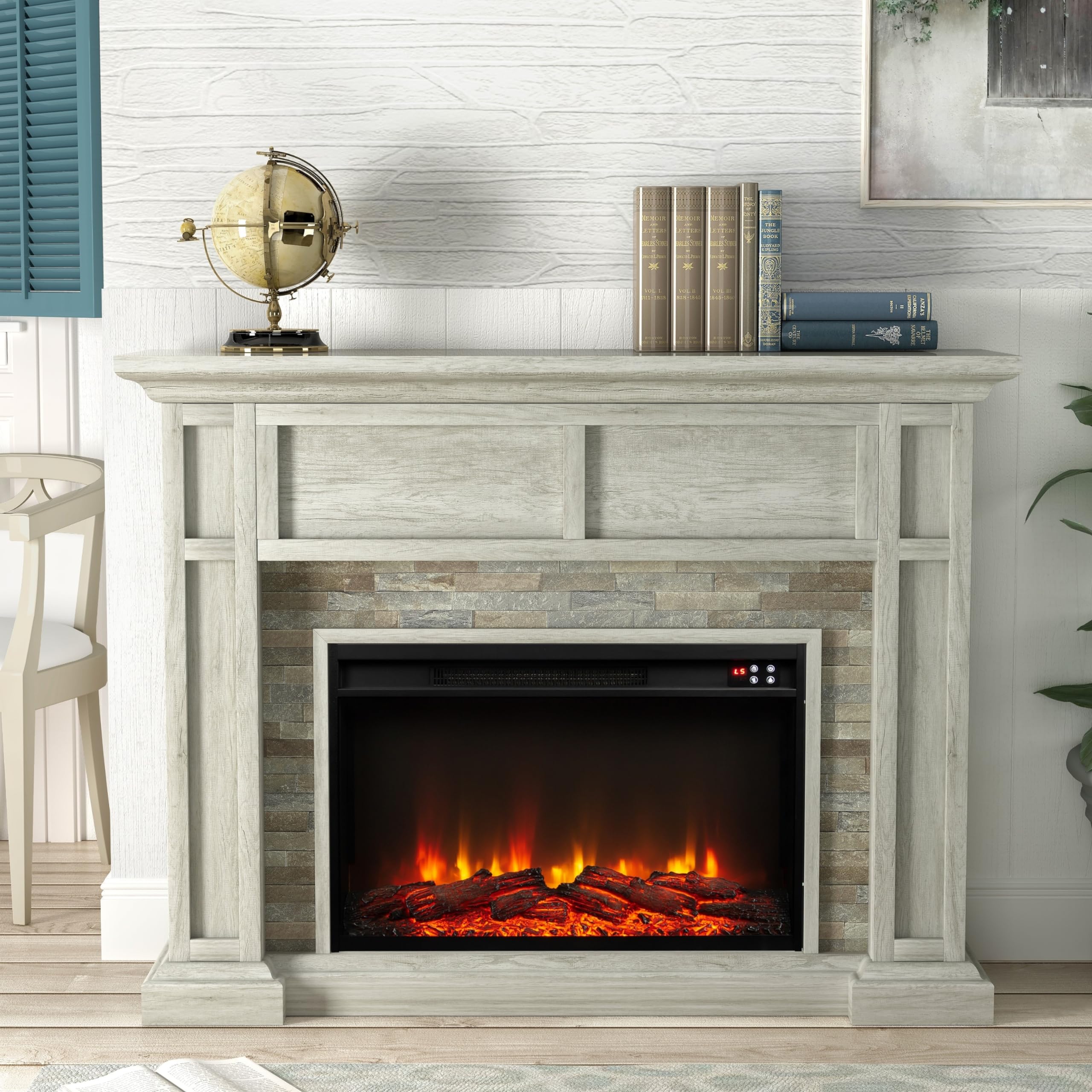 48" Electric Fireplace with Realistic Flame Effect Grey Farmhouse Modern Contemporary MDF Natural Finish Textured Wood Adjustable Thermostat Remote Control