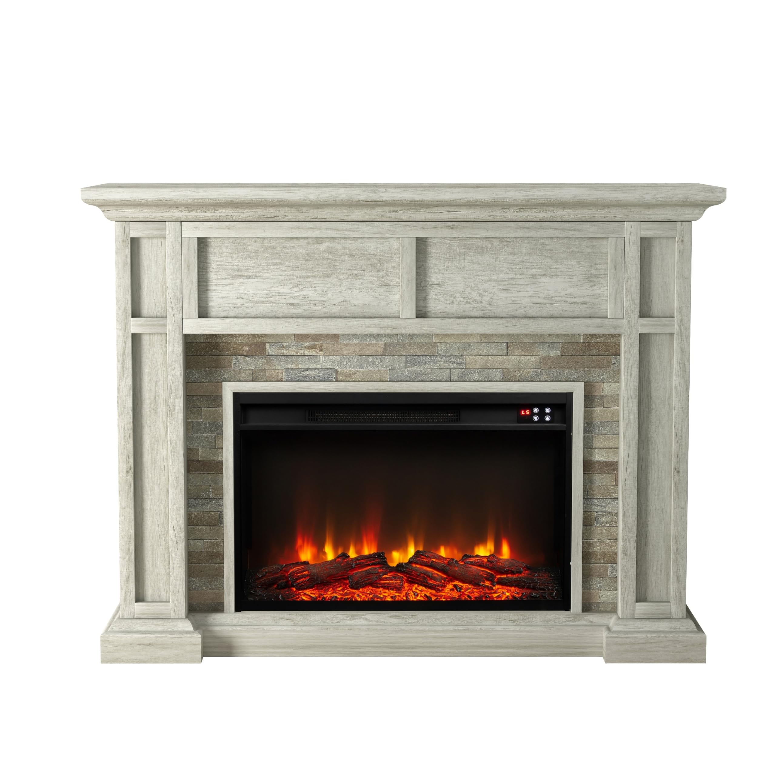 48" Electric Fireplace with Realistic Flame Effect Grey Farmhouse Modern Contemporary MDF Natural Finish Textured Wood Adjustable Thermostat Remote Control