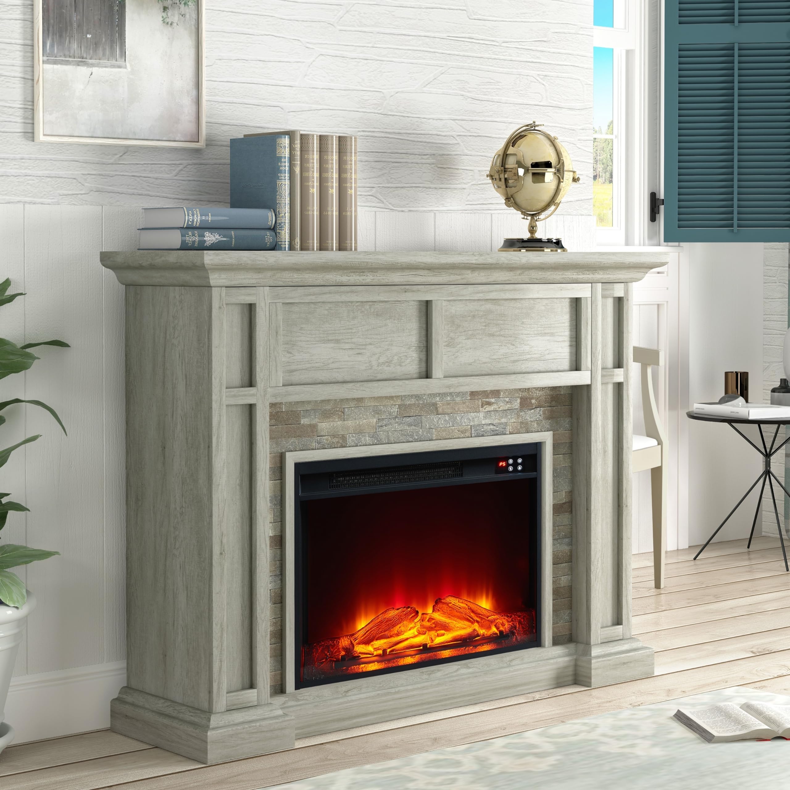 48" Electric Fireplace with Realistic Flame Effect Grey Farmhouse Modern Contemporary MDF Natural Finish Textured Wood Adjustable Thermostat Remote Control