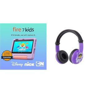 kids tablet bundle: includes amazon fire 7 kids tablet (2022) | 16 gb | purple & made for amazon, kids bluetooth headset ages (3-7) | purple