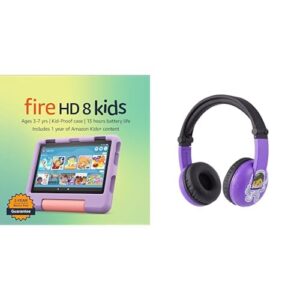kids tablet bundle: includes amazon fire hd 8 kids tablet | 32 gb | purple & made for amazon, kids bluetooth headset ages (3-7) | purple